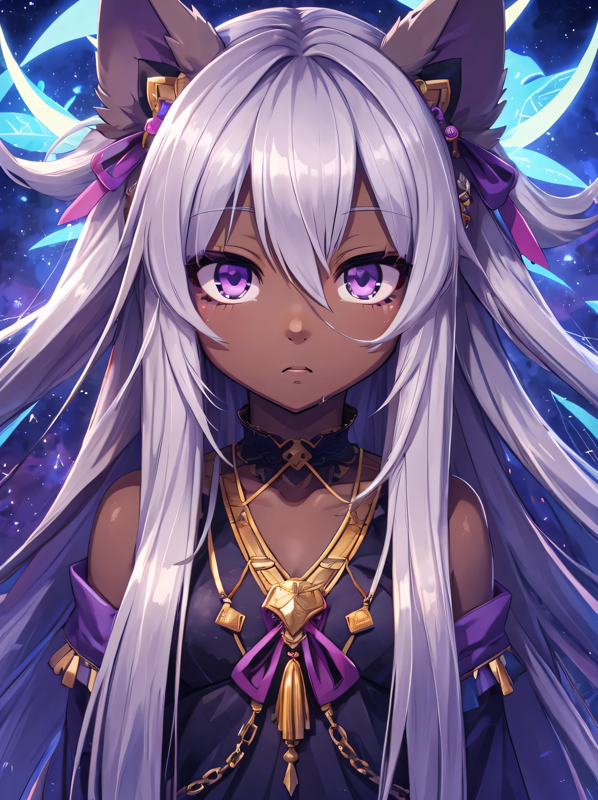 psychedelic,highest quality,highquality,HD,small female,drool,dark skin,anime,kawaii,long hair,messy hair,silver hair,purple eye,