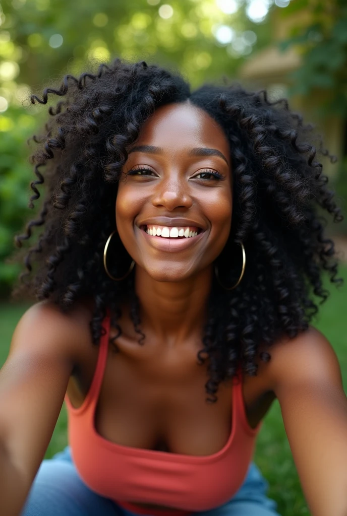 there is a black woman , the woman has curly black , she has dark skin, with dark brownish skin, with long curly, long black curly hydrated bouncy curls hair she is taking a long shot selfie sitting in her backyard