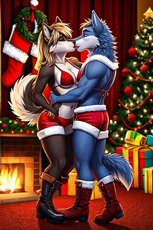 Wolf stripper bikini short shorts Christmas wearing boots kissing