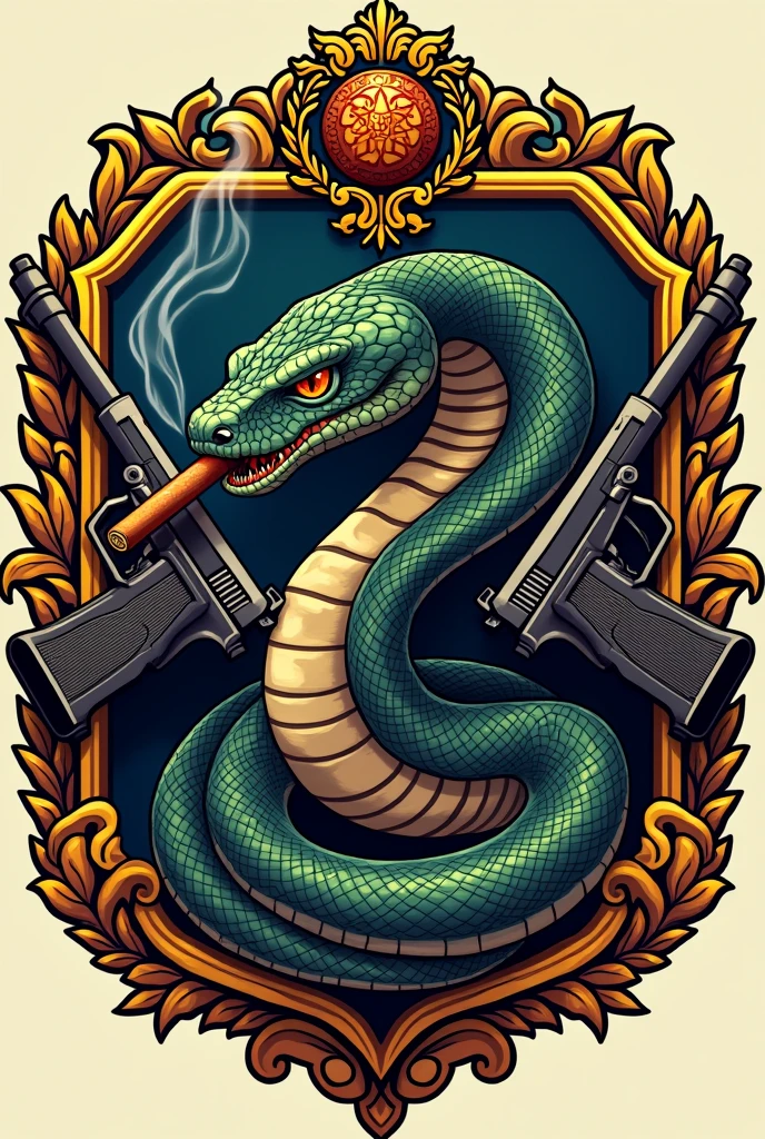 Make the FEB Coat of Arms (Brazilian Expeditionary Force) but instead of having FEB written at the bottom, write FEBR, the animal must be a snake smoking a cigar with 2 pistols 