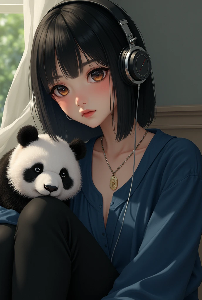 I want a girl with medium-length straight black hair, almost long, brown eyes, a low pink mouth and long eyelashes, white skin dressed in black pants and a blue blouse with a chain with the initial R and is sitting in a corner listening to music with her panda and the girl is happy
