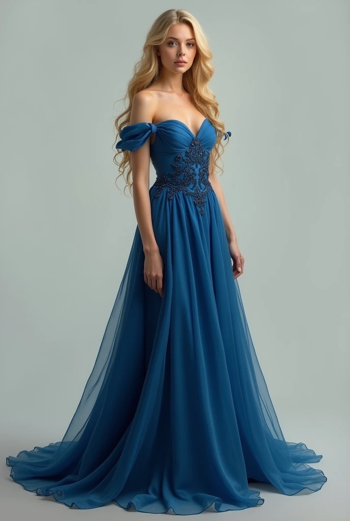 blonde woman in blue dress, long and made of thick fabric, slightly bending one leg