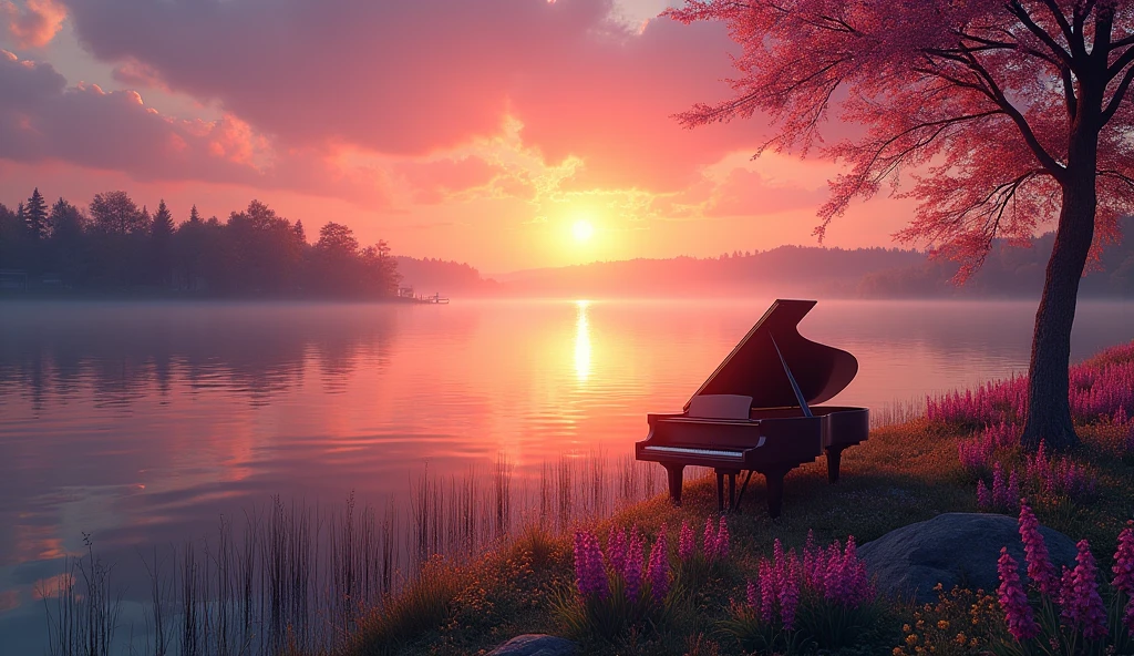 「A black grand piano on the shore、Colorful flowers on the shore、sunset、lake、lakeの中には蓮の花、reed、Silhouette tree々、Calm water surface、Pink and orange shades、A fantastic atmosphere、high resolution、8k」
「静かなlakeに咲くピンクの蓮の花、sunset空が水面に反射、Trees in the distance々Silhouette of、Fantastic landscape painting、Digital Art」