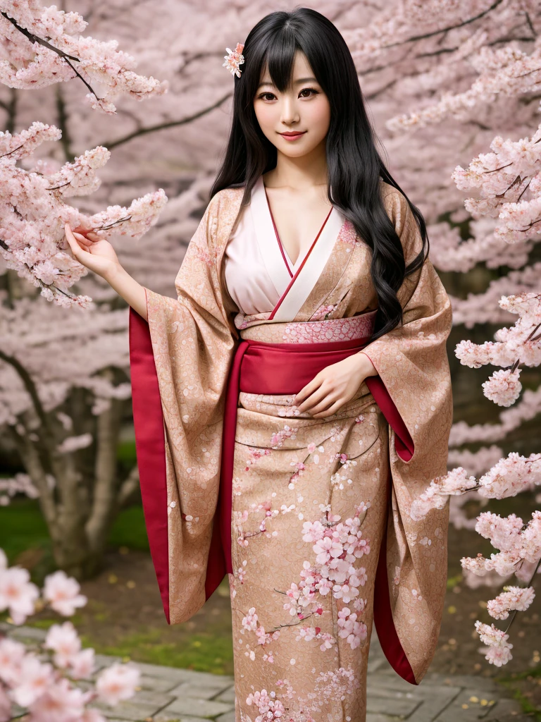 A highly detailed and vibrant full-body image of an adult Japanese anime female character. She has long, flowing black hair with soft waves, and her expressive, large brown eyes are full of emotion. She is wearing a traditional yet modern kimono with intricate patterns in shades of deep red and gold, and the fabric flows elegantly around her. The character is depicted from head to toe, with no cuts, showing her full figure. The background is a beautiful blend of cherry blossoms in full bloom, with soft petals falling around her, giving the scene a serene and magical atmosphere. The art style is typical of high-quality Japanese anime, with fine linework and vivid colors.