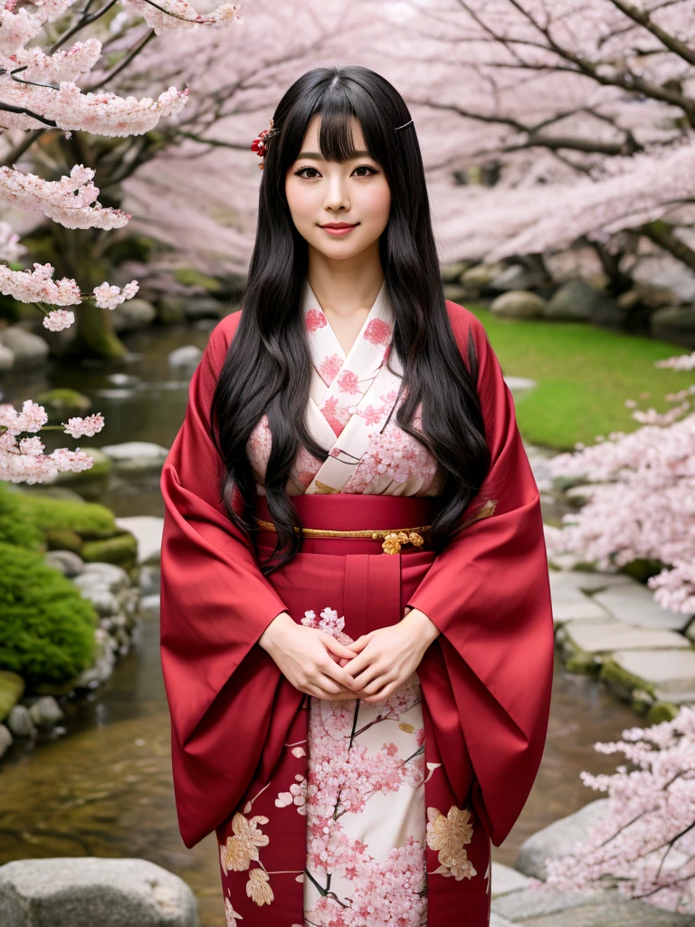 A highly detailed and vibrant full-body image of an adult Japanese anime female character. She has long, flowing black hair with soft waves, and her expressive, large brown eyes are full of emotion. She is wearing a traditional yet modern kimono with intricate patterns in shades of deep red and gold, and the fabric flows elegantly around her. The character is depicted from head to toe, with no cuts, showing her full figure. The background is a beautiful blend of cherry blossoms in full bloom, with soft petals falling around her, giving the scene a serene and magical atmosphere. The art style is typical of high-quality Japanese anime, with fine linework and vivid colors.