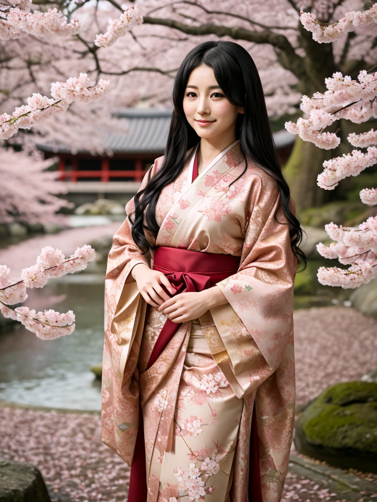 A highly detailed and vibrant full-body image of an adult Japanese anime female character. She has long, flowing black hair with soft waves, and her expressive, large brown eyes are full of emotion. She is wearing a traditional yet modern kimono with intricate patterns in shades of deep red and gold, and the fabric flows elegantly around her. The character is depicted from head to toe, with no cuts, showing her full figure. The background is a beautiful blend of cherry blossoms in full bloom, with soft petals falling around her, giving the scene a serene and magical atmosphere. The art style is typical of high-quality Japanese anime, with fine linework and vivid colors.
