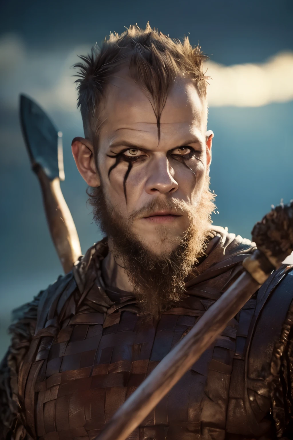 Hyper realistic, ultra detailed, cinematic posterof Floki a viking warrior, old man, 50 years old, black makeup on eyes, beard, holding axe on hand, ultra realistic, skin texture, cinematic lighting. Cinematic thunder background.