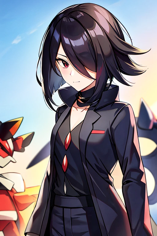 pokemon master man with black mafia suit and short hair, with a red eyes, sem pokemon