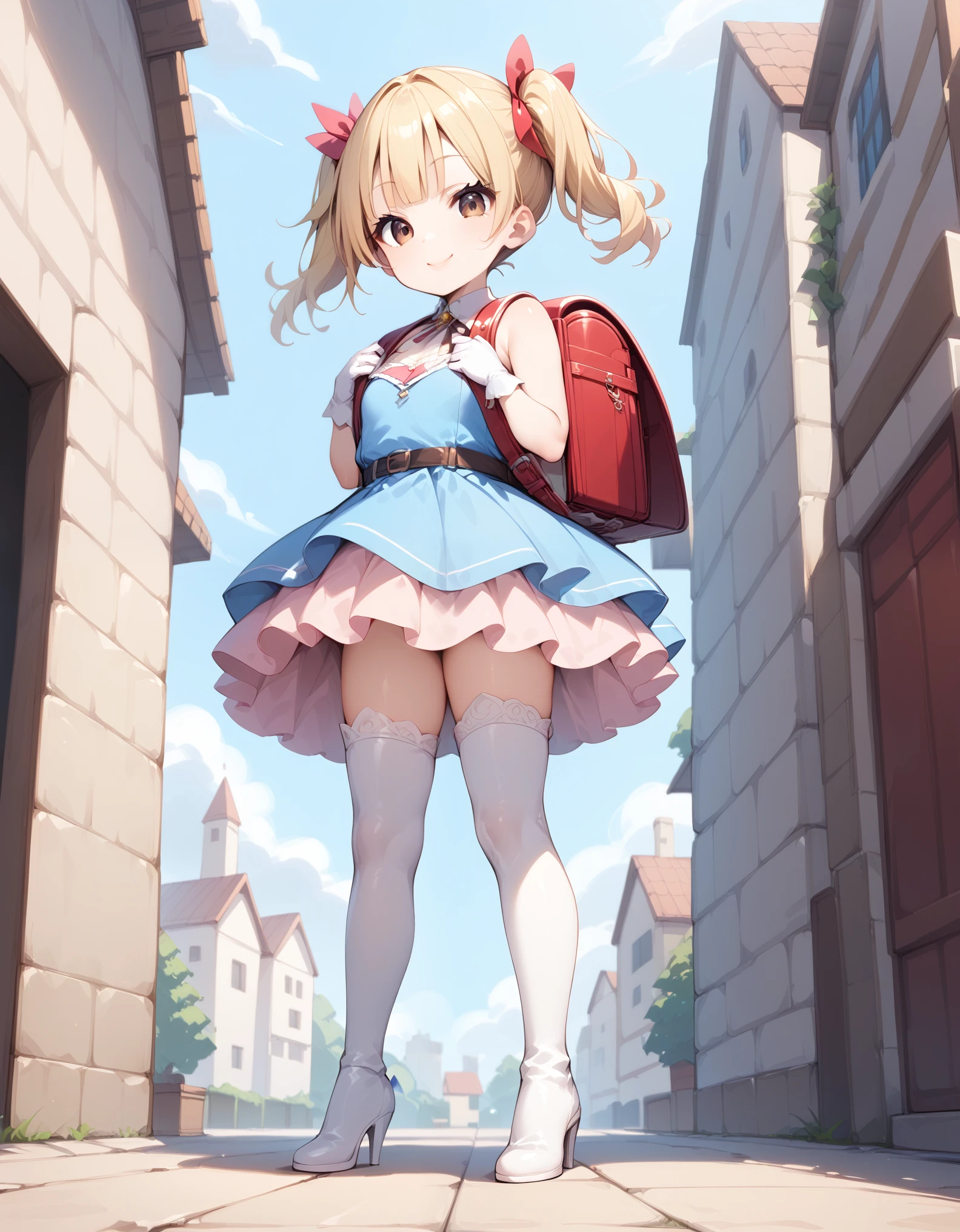 masterpiece, best quality, highly detailed, ultra high res, 1girl, ************, solo, brown eyes, hair ornament, short ash blonde hair, twin tails, hair ribbon,  light smile, glossy lips, sleeveless idol dress, very puffy skirt, flared skirt, puffy dress, party costumes, white thigh highs, white heeled boots, full body, wearing high heel boots, wearing randoseru backpack, backpack, outdoor, wearing white gloves