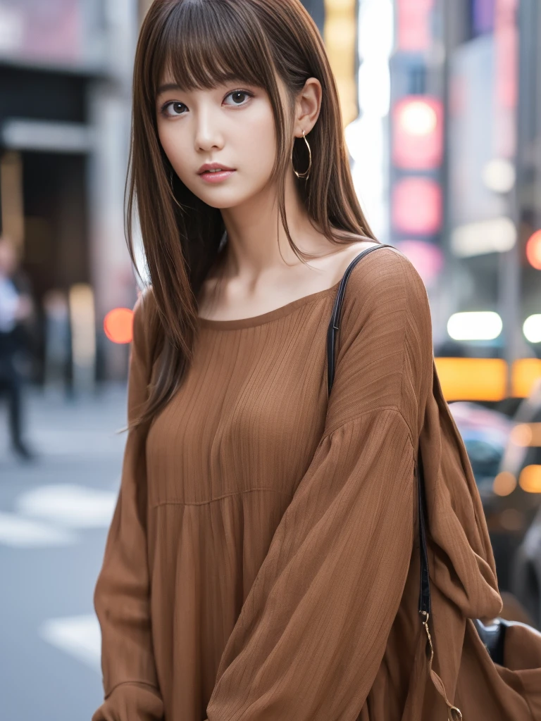 Ultra-high resolution, Superior Quality, Highest quality, Super detailed, Realistic, 8k, RAW Photos, Highest quality, masterpiece, Attractive girl, A wonderful girl, Brown Hair, Shoulder-length layered, Asymmetrical bangs, Japanese Idols, Sophisticated, stylish, Embarrassing, blouse, Shibuya Ward, 