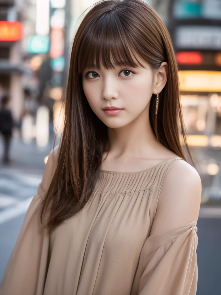Ultra-high resolution, Superior Quality, Highest quality, Super detailed, Realistic, 8k, RAW Photos, Highest quality, masterpiece, Attractive girl, A wonderful girl, Brown Hair, Shoulder-length layered, Asymmetrical bangs, Japanese Idols, Sophisticated, stylish, Embarrassing, blouse, Shibuya Ward,