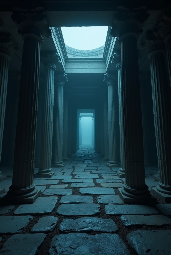 Inside a big dark scary spooky Greek Temple animated in horizontal size 