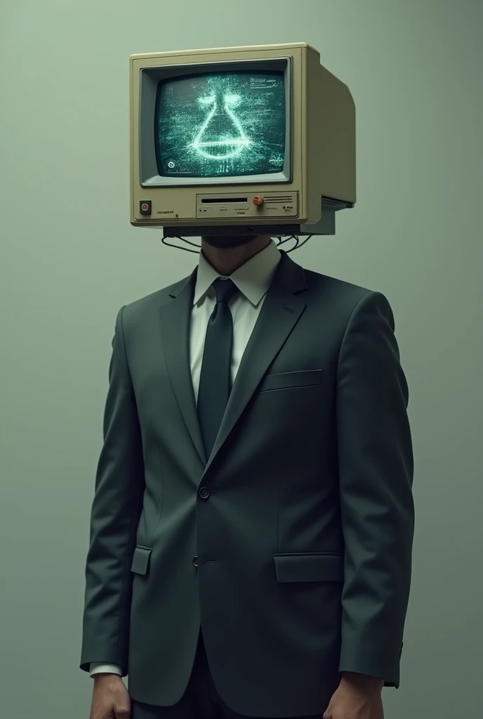 Human male body in suit wirh a old box computer as a head with a creepy virus loading screen