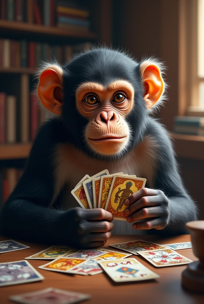 A focused monkey playing with Magic strategy card games. The monkey has cards in his hand and his deck