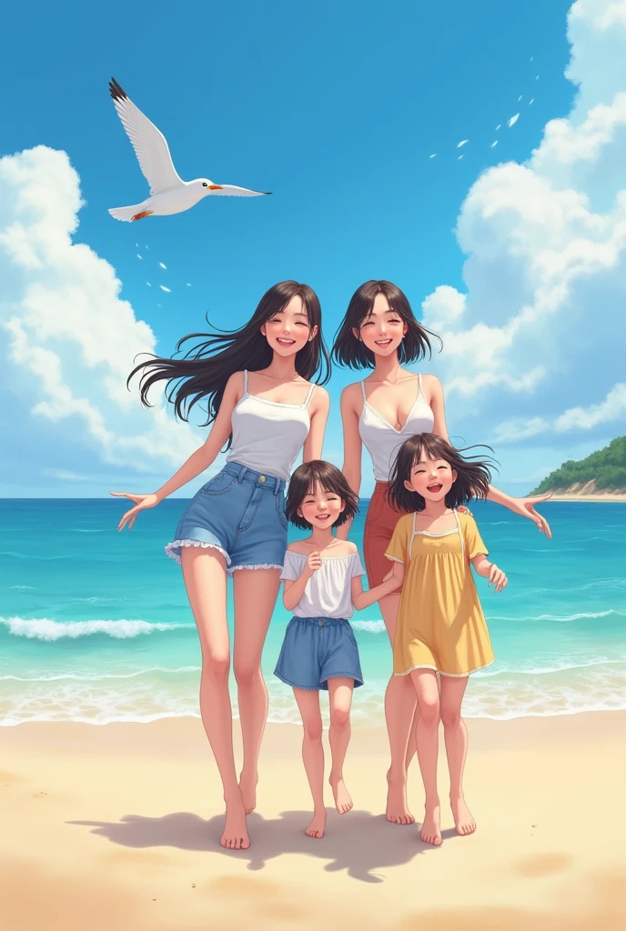 Jennie and Lisa on a beach with 2 daughters