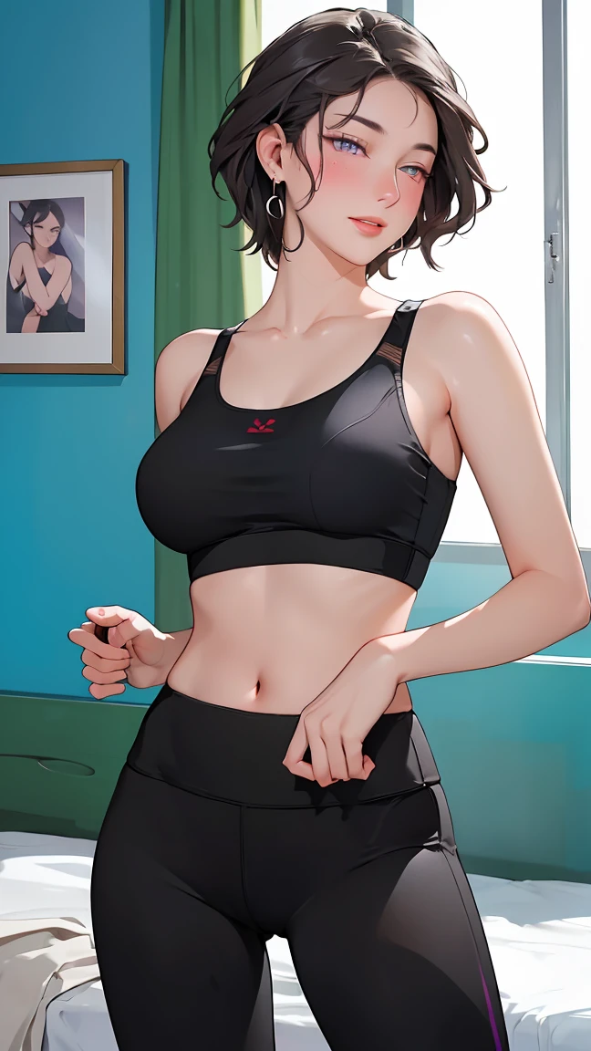 ((((masterpiece, Best Quality, High resolution)))), Extremely detailed 8k, Beautiful girl with voluptuous body, (ultra high definition, ultra detailed, Very detailed, very realistic, ultrarealistic, realistic photography), (1 girl:1.5), (realistic white fur), (by the wavy cut, hair ornaments, earrings), (dynamic poses), looking to the camera, looking at the viewer, (blushing red, ashamed, Exhausted, smile), (purple eyes, sharp eyes), (perky breasts:1.2), (beautiful detailed face, beautiful detailed eyes), ((black sports bra, black yoga pants)), (pussy detail), (standing), sweat, glow, (Sun ray, sunlight), ((cowboy shot)), bedroom, seductive