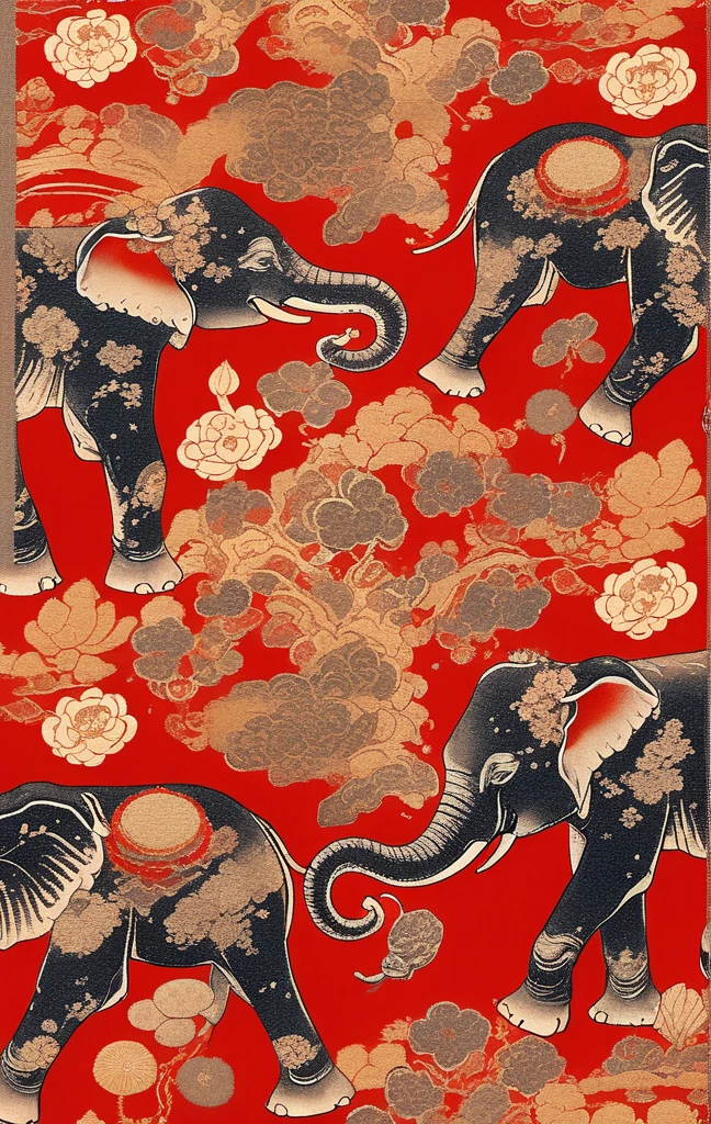 Traditional Japanese textile pattern in red, In black and gold colours、Featuring an intricate paisley design surrounded by delicate Indian gods, Lotus flowers and elephants in the background. The design is elegant and rich in texture, Reflecting traditional Japanese aesthetics. Perfect for luxury textiles and artistic wallpapers in traditional Japanese design style。.