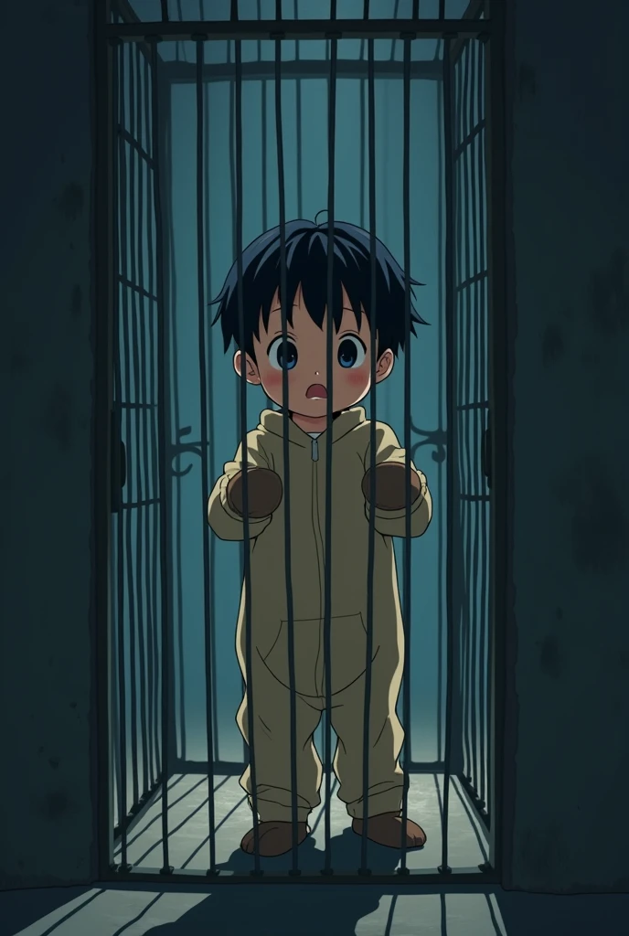 Cinematic Anime style. Manga art. TME0224 face, (((a baby boy, 4 year old))) in a funny night (((wearing a baggy onesie with hands in mittens))), (((inside a tiny closed cage behind bars))). cinematic lighting, drop shadow, masterpiece, UHD, anatomically correct, textured skin, super detail, high details, high quality, best quality, 4K, full body, standing