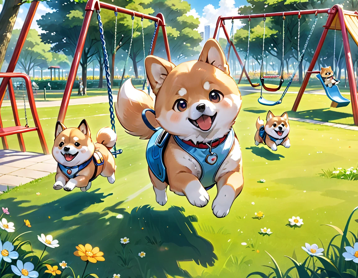 Light blue long hair、Five chibi characters with twin tails、A park full of grass and flowers、There are slides and swings、My beloved Shiba Inu dog is running around happily.、