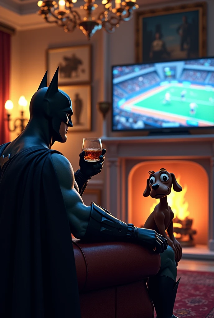 Batman having drinks in his mansion while Courage the Cowardly Dog watches the Olympics on TV 