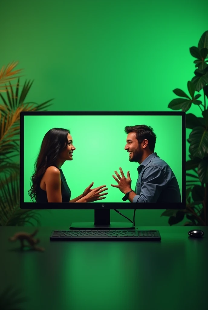 Create a zoom screen where there are 2 people and they are sharing the screen. The background is green