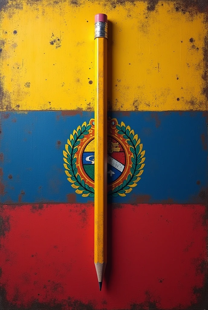 Please generate a flag with 7 bright and cool colors, that it has a pencil in the center of the flag and that the flag itself has a resemblance almost bordering on kinship with the flag of Ayacucho