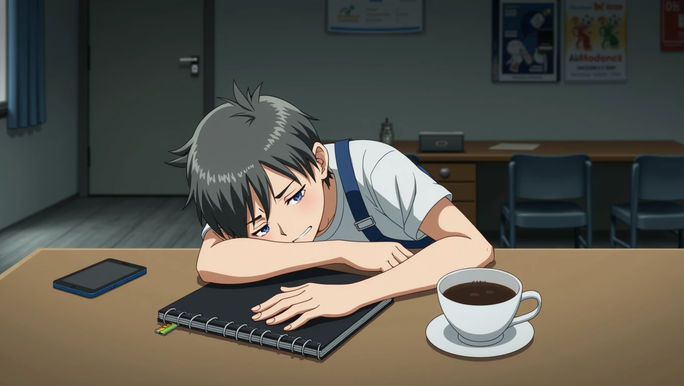 Anime image of a boy with a white shirt and a strap of blue overall sitting at a table with a cell phone, the image depicts a young man sitting at a desk with a notebook black, a phone, and a cup of coffee. The man is leaning on his elbow and has his head in his hands, appearing to be tired or frustrated. The background of the image features a plain, grey wall with furniture and posters.