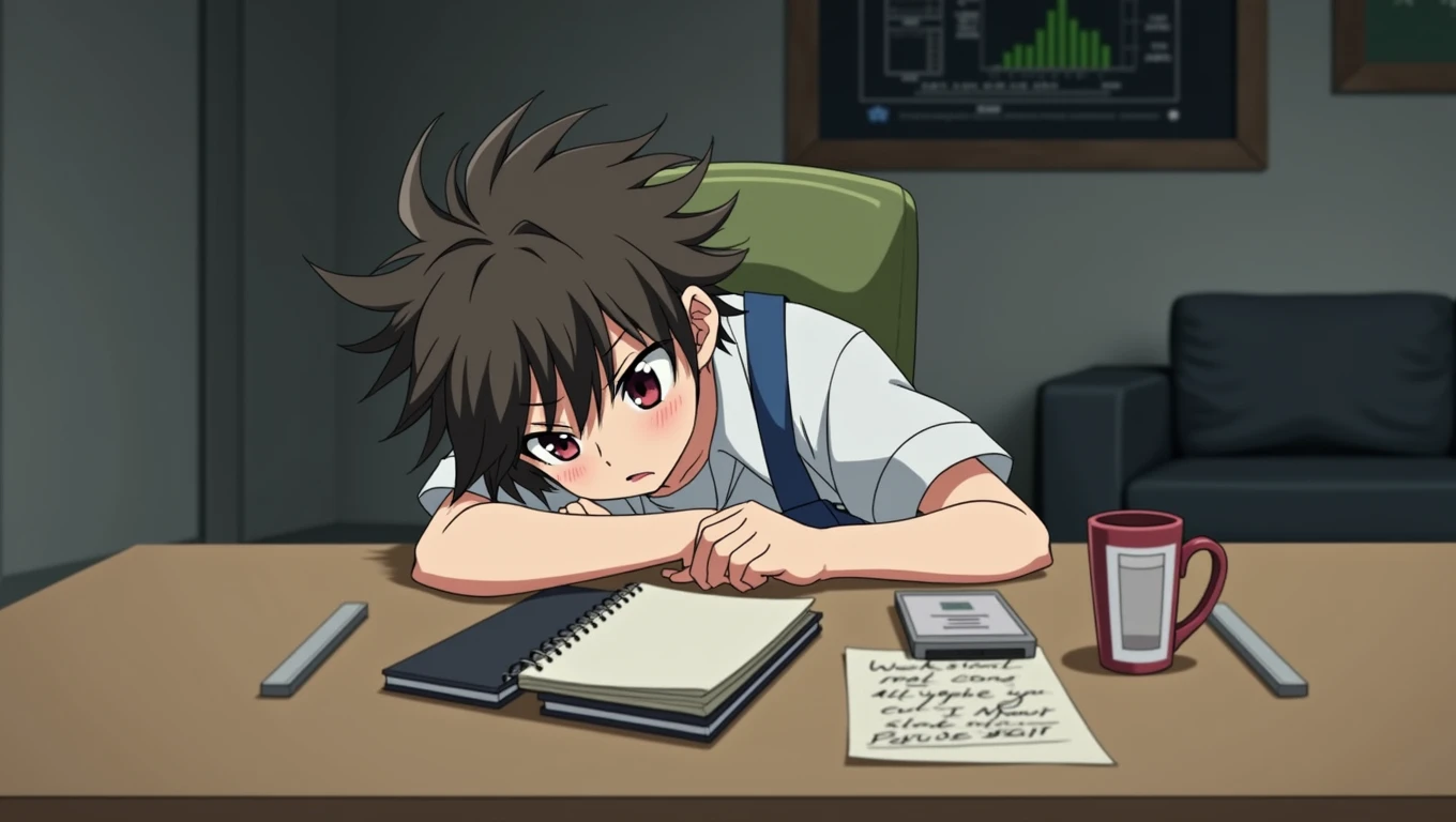 Anime image of a boy with a white shirt and a strap of blue overall sitting at a table with a cell phone, the image depicts a young man sitting at a desk with a notebook black, a phone, and a cup of coffee. The man is leaning on his elbow and has his head in his hands, appearing to be tired or frustrated. The background of the image features a plain, grey wall with furniture and posters.