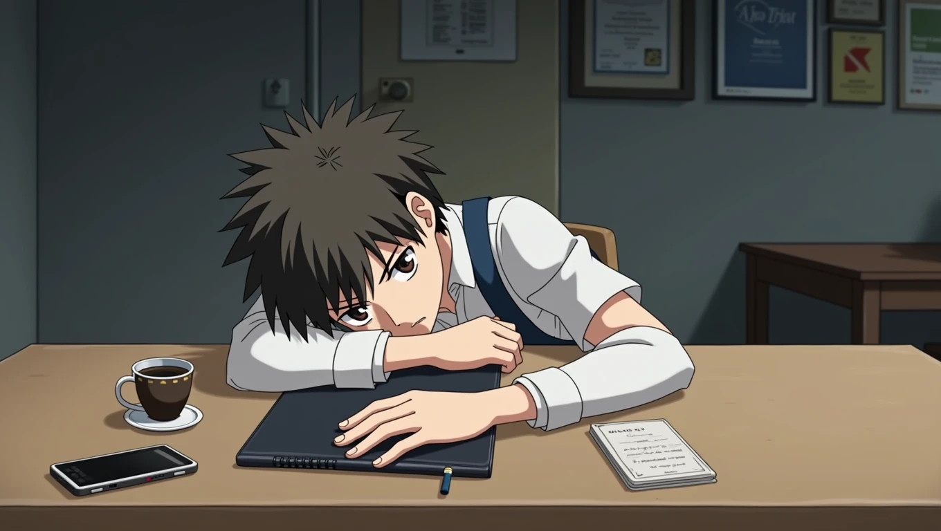 Anime image of a boy with a white shirt and a strap of blue overall sitting at a table with a cell phone, the image depicts a young man sitting at a desk with a notebook black, a phone, and a cup of coffee. The man is leaning on his elbow and has his head in his hands, appearing to be tired or frustrated. The background of the image features a plain, grey wall with furniture and posters.