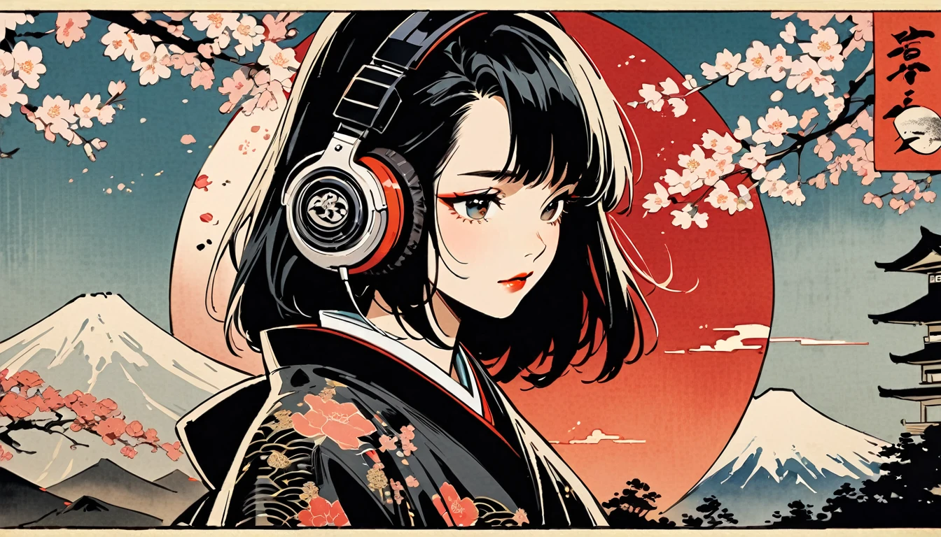 Ink Painting, (((1 girl))), Japanese style headphones, Beautiful female samurai, Black Hair, Delicate and precise, Modern ukiyo-e style, cherry blossoms, Fuji Mountain