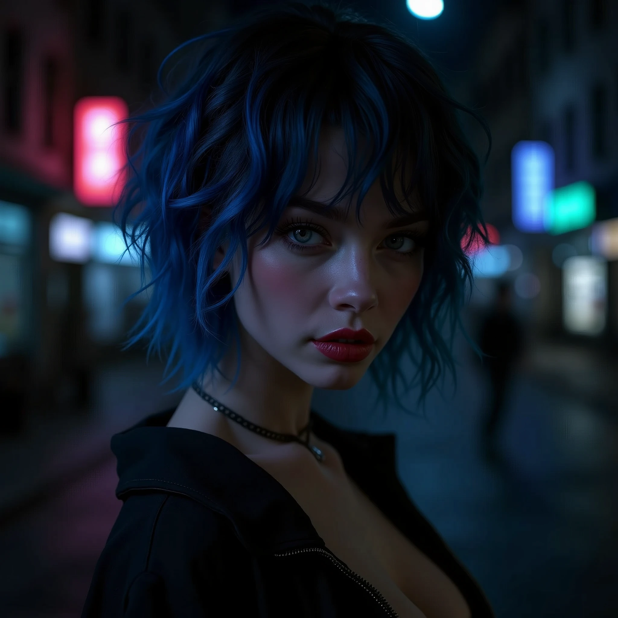 ((RAW photo), absurd, (absurdresolution)), ((21 years old)), beautiful girl, (short tousled hair with bright neon blue highlights), (((lisa, lalisa))), (deep grey eyes, seductive look, made up), ((ultra sharp pupils, red lipstick, blush)), ((seductive pose:1.2)), (((Street style clothing, wearing bra, tight short skirt, knee high leather boots))), ((dark makeup, digital art, trending on artstation, highly detailed, good detail, intricate, beautiful detailed glow, detailed, cinematic lighting, high resolution, detailed facial features)), ((full view)), looking at viewer, (Photographic Perspective), vivid, bright colors, (((background: black:1.4, dark city night)))