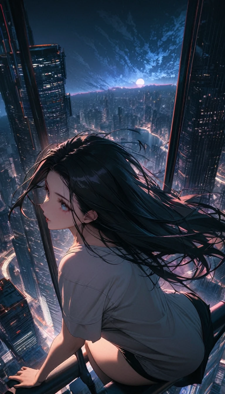 High resolution, Highest quality, high resolution,Super Fine, 16K, Incredibly absurd, Very detailed, Beautiful woman sitting on a trapeze suspended between two skyscrapers, Gazing into the distance, Wear a loose long T-shirt, Captivating look, Wind, Wind-effect, moonlit nightscape, (Nice views:1.1) , Clockpunk
