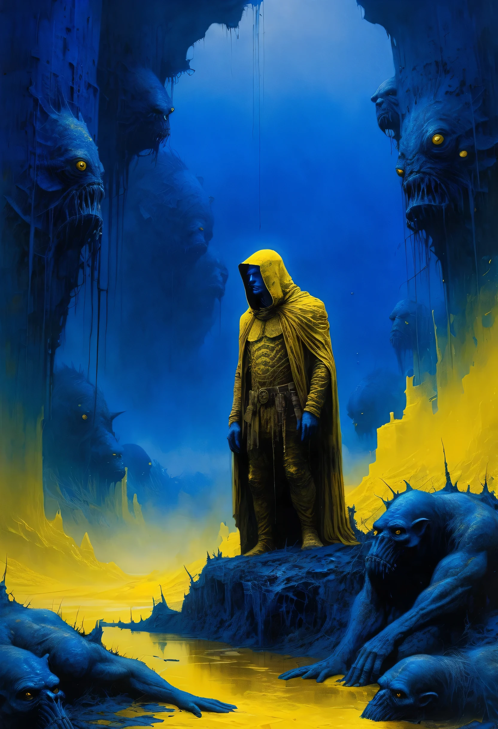 Face fitting all the canvas composed a world like a crazy dream on wastelands beyond fantasy, horror movie scene, dark deep blue and golden yellow, 4D, 8K, photorealistic, dreamlike, fantastic creatures on big and complex composition storytelling, masterpiece, artwork by Beksinski, artwork by Bernie Wrightson, artwork by Jeremy Mann, Surrealism, Impressionism