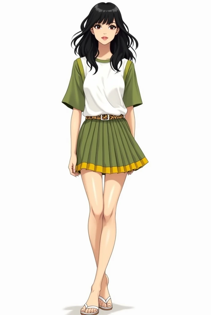 female fashion sketch with black hair.  white baby tee blouse with matcha green details on the shoulders and sleeves.   Short pleated skirt in matcha green with yellow hem.  belt with leopard print and white flip-flops on her feet.
