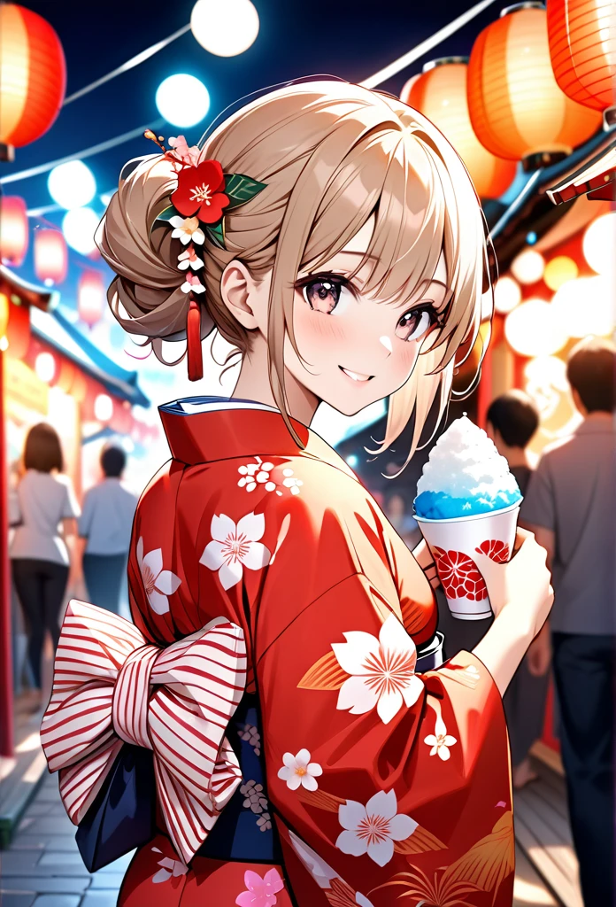 A girl is smiling while eating shaved ice at a summer festival.The girl is very cute and youthful, light Brown twin-tailed hair,Wearing a barrette on a kimono.The girl is wearing a yukata with a beautiful pink pattern.Holding a shaved ice with red syrup, he flashes a proud smile at the camera.Summer festival background with summer festival night stalls lined up,The lights of the night stalls and lanterns make the girls look beautiful.The beauty, luster and texture of the girl's hair, the cuteness of her face and the beauty of her skin, the texture of the yukata based on the Japanese tradition,The beauty and texture of the obi,The beauty of the light on the shaved ice,The fantastic beauty of the lights at night stalls and festivals,Back view, girl looking at camera.(
High quality, high definition, masterpiece, best quality, 4k, 8k:1.2).Ultra detail,Cinema lighting, ultra-fine painting,Super Fine View,Professional photography,beautiful girl