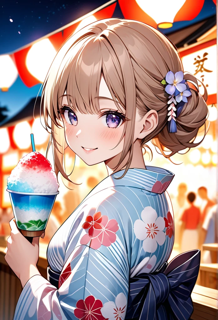 A girl is smiling while eating shaved ice at a summer festival.The girl is very cute and youthful,  light Brown twin-tailed hair,Wearing a barrette on a kimono.The girl is wearing a yukata with a beautiful pink pattern.Holding a shaved ice with red syrup, he flashes a proud smile at the camera.Summer festival background with summer festival night stalls lined up,The lights of the night stalls and lanterns make the girls look beautiful.The beauty, luster and texture of the girl's hair, the cuteness of her face and the beauty of her skin, the texture of the yukata based on the Japanese tradition,The beauty and texture of the obi,The beauty of the light on the shaved ice,The fantastic beauty of the lights at night stalls and festivals,Back view, girl looking at camera.(
High quality, high definition, masterpiece, best quality, 4k, 8k:1.2).Ultra detail,Cinema lighting, ultra-fine painting,Super Fine View,Professional photography,beautiful girl