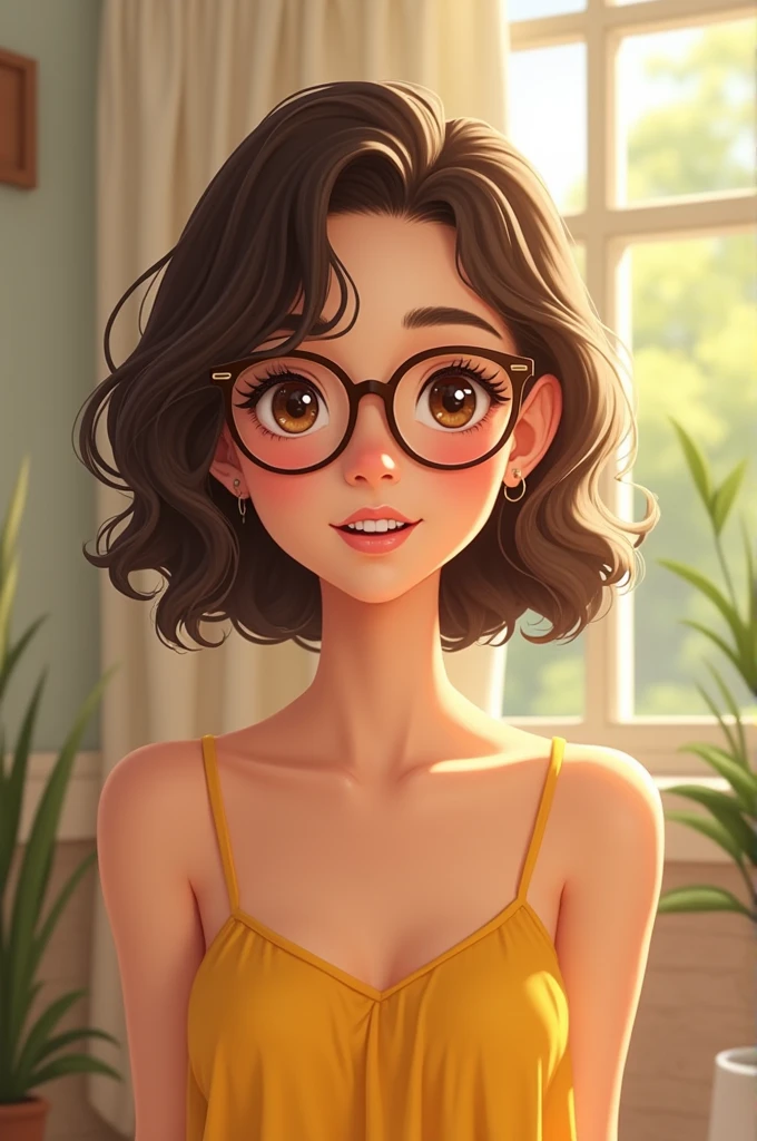 A cute brunette girl with curly hair wearing glasses and a short yellow dress with straps
