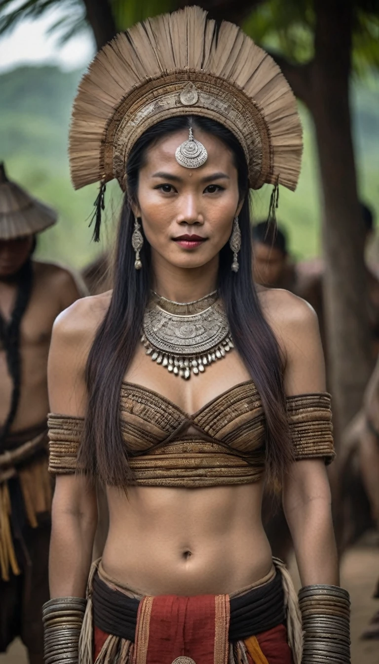 (Asian woman), ((หน้าbeautiful)), (detailed face), (Female shaman), ((naked)), ((See bare feet)),((full body)), ((long distance shot))
, Female shaman, tied up, suspended, in an ancient ritual, in the middle of a village, with beautiful and intense facial features
, surrounded by many warriors fighting and many injured or fallen. The scene is strong and intense
, Beautiful girl with slim abdominal muscles: 1.4, Six pack abs: 1.4, Chest Botox, small, perfect athlete body, slim, (See the legs), legs details
, (proportional figure), very detailed image, (In ancient ceremonies), (outdoor), (Many villagers), (In traditional Thai costume), (Stand and look)
, realistic, Highly detailed, perfect composition
, beautiful, There are complicated details., Incredible detail
, Artistic photography in 8k, There are too many details., Masterpiece