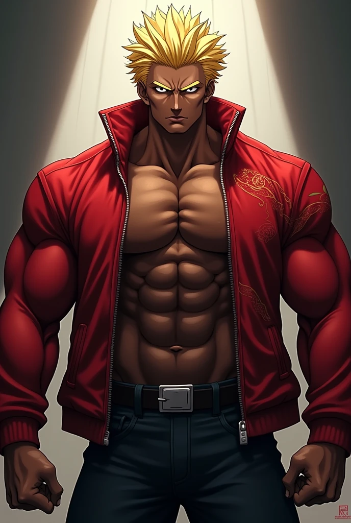 anime、Full body portrait、muscle、Dark skin、Blonde、Red jacket