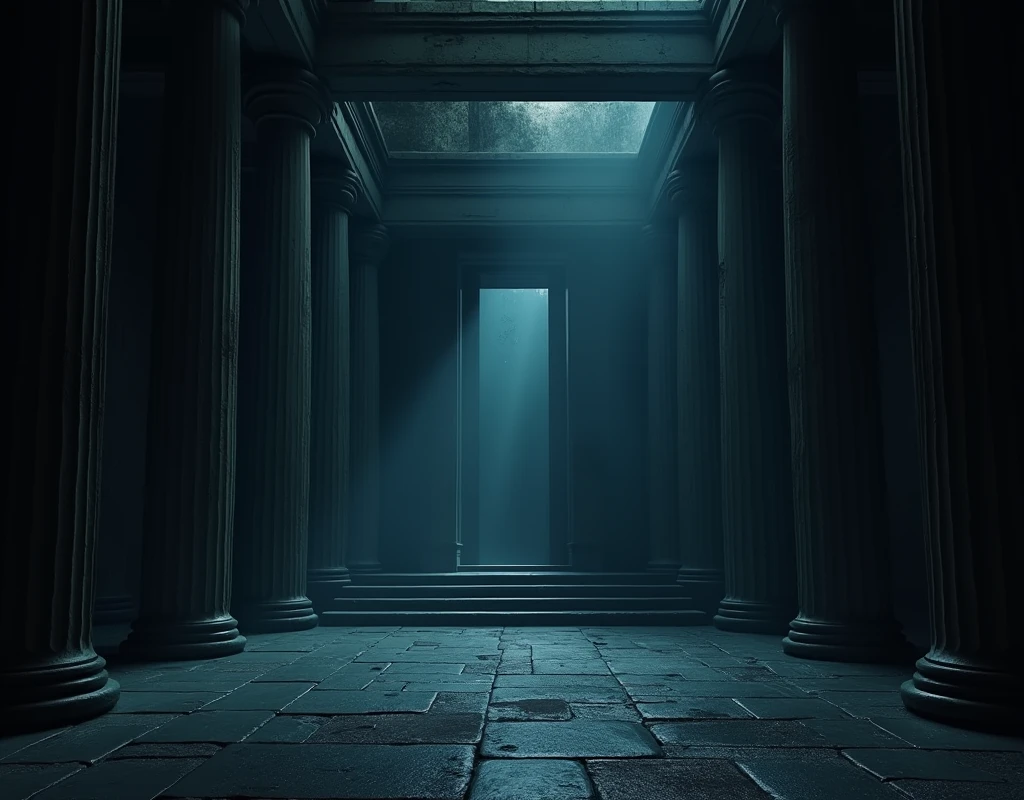 Inside a big dark scary spooky Greek Temple animated in horizontal size 