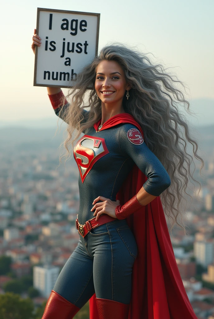 A beautiful youthful looking Hispanic version of a gray haired Selena Gomez as a 50 years old woma n with long her completely gray hair in a big curls styles as a superhero wearing a superhero costume standing on top of a hilI overlooking a big city holding a white board with text "I age is just a number" and showing it to the viewer