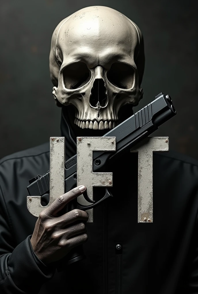 A word art image of  dimensions 1024×576 pixels using the word"JFT"  with a skull holding a glock as it's background