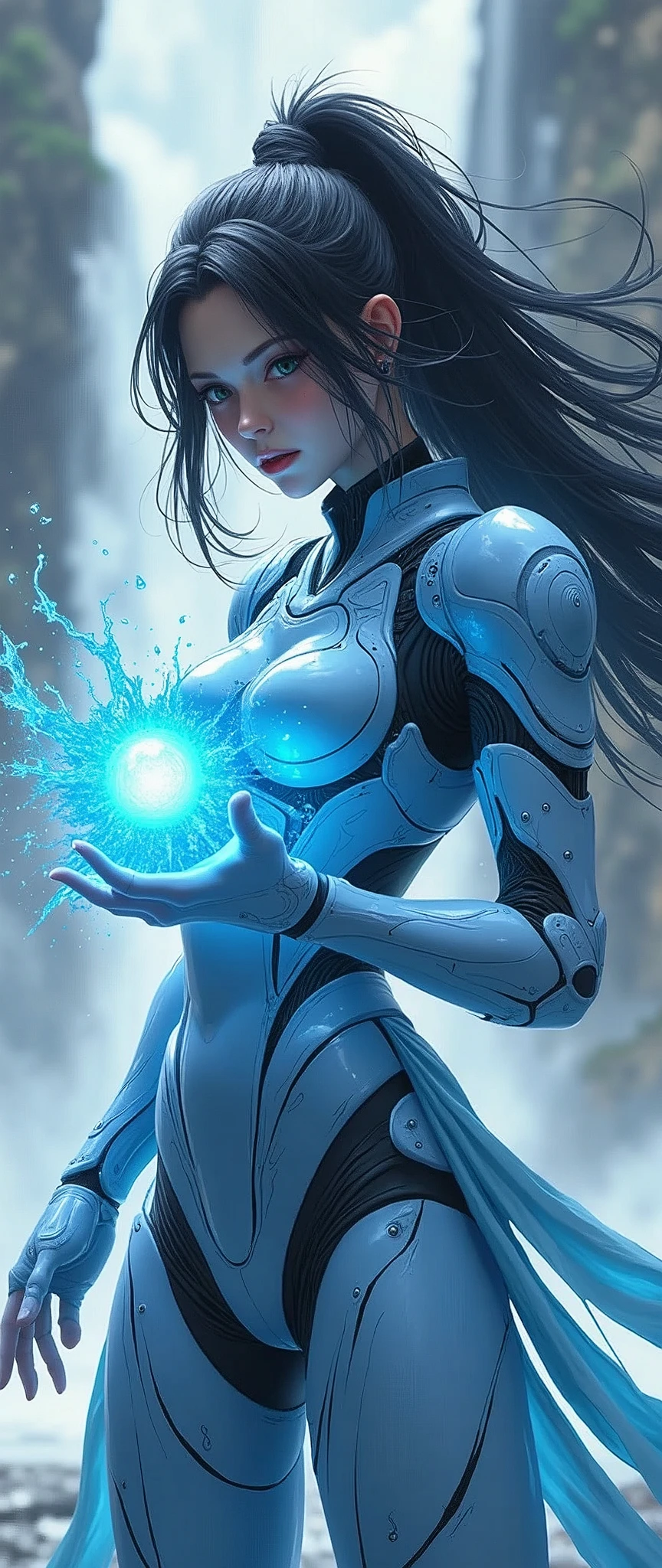 (masterpiece:1.2, Highest quality,High resolution,Super detailed),8k,wallpaper,(Very detailed),(Armored Core Style),Woman in ninja robot armor,Black Hair,Random Hairstyles,(Water Ninja),(Light blue body),(Detailed face:1.3),(Detailed body:1.3),((Cowboy Shot)),(The background is a huge water dragon and waterfall that has been summoned.:2.0),Hair blowing in the wind,cyber punk,(dynamic),(Preparing for battle,Store a ball of water energy in your palm.:2.0,The electronic parts of the armor glow.:1.6,Blue glowing eyes:1.6),(Detailed hands:1.6),(Flashy special move effects:2.0)