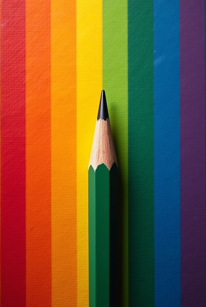 Please generate a flag that contains 7 awesome rainbow colors, that it has a not so realistic pencil in the center of the flag and that the flag itself has a resemblance almost bordering on kinship with the flag of Ayacucho