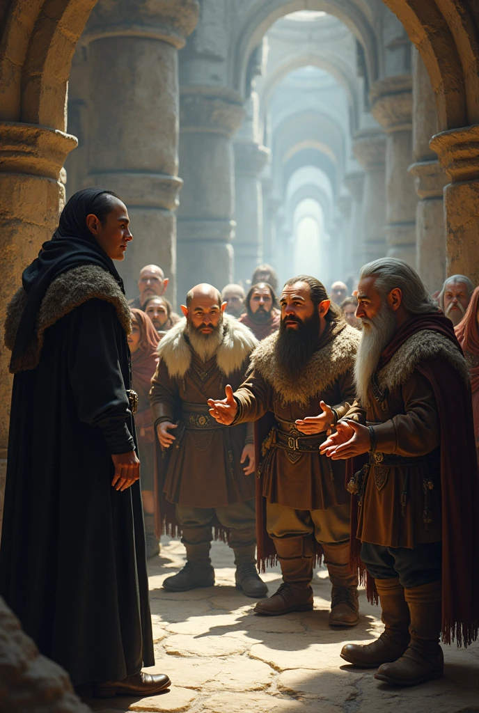 Group of short young dwarves in Viking clothes and animal skin cloaks chatting animatedly in a corridor of an underground city with long-eared elf Mr Darcy, shaved face and short hair in dark clothing.