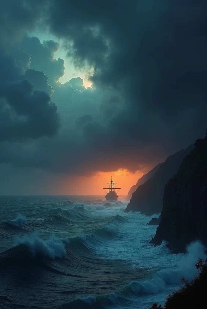 A stormy night, dark clouds in the sky, a faint streak of light illuminating the storm-stricken coast of a remote island.
An orange sunset scene with waves crashing against the rocky coastline and threatening to swallow the boat.
The scene of sailing through rough seas towards a ship in danger is a dramatic expression of bravery and despair.
Photo-realistic details.