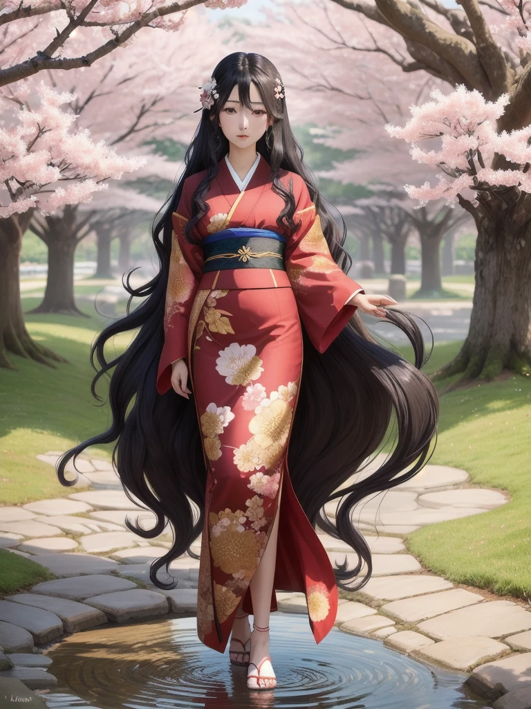 A highly detailed and vibrant full-body image of an adult Japanese anime female character. She has long, flowing black hair with soft waves, and her expressive, large brown eyes are full of emotion. She is wearing a traditional yet modern kimono with intricate patterns in shades of deep red and gold, and the fabric flows elegantly around her. The character is depicted from head to toe, with no cuts, showing her full figure. The background is a beautiful blend of cherry blossoms in full bloom, with soft petals falling around her, giving the scene a serene and magical atmosphere. The art style is typical of high-quality Japanese anime, with fine linework and vivid colors.