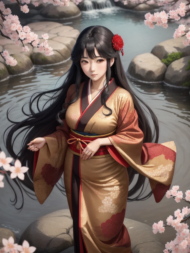 A highly detailed and vibrant full-body image of an adult Japanese anime female character. She has long, flowing black hair with soft waves, and her expressive, large brown eyes are full of emotion. She is wearing a traditional yet modern kimono with intricate patterns in shades of deep red and gold, and the fabric flows elegantly around her. The character is depicted from head to toe, with no cuts, showing her full figure. The background is a beautiful blend of cherry blossoms in full bloom, with soft petals falling around her, giving the scene a serene and magical atmosphere. The art style is typical of high-quality Japanese anime, with fine linework and vivid colors.