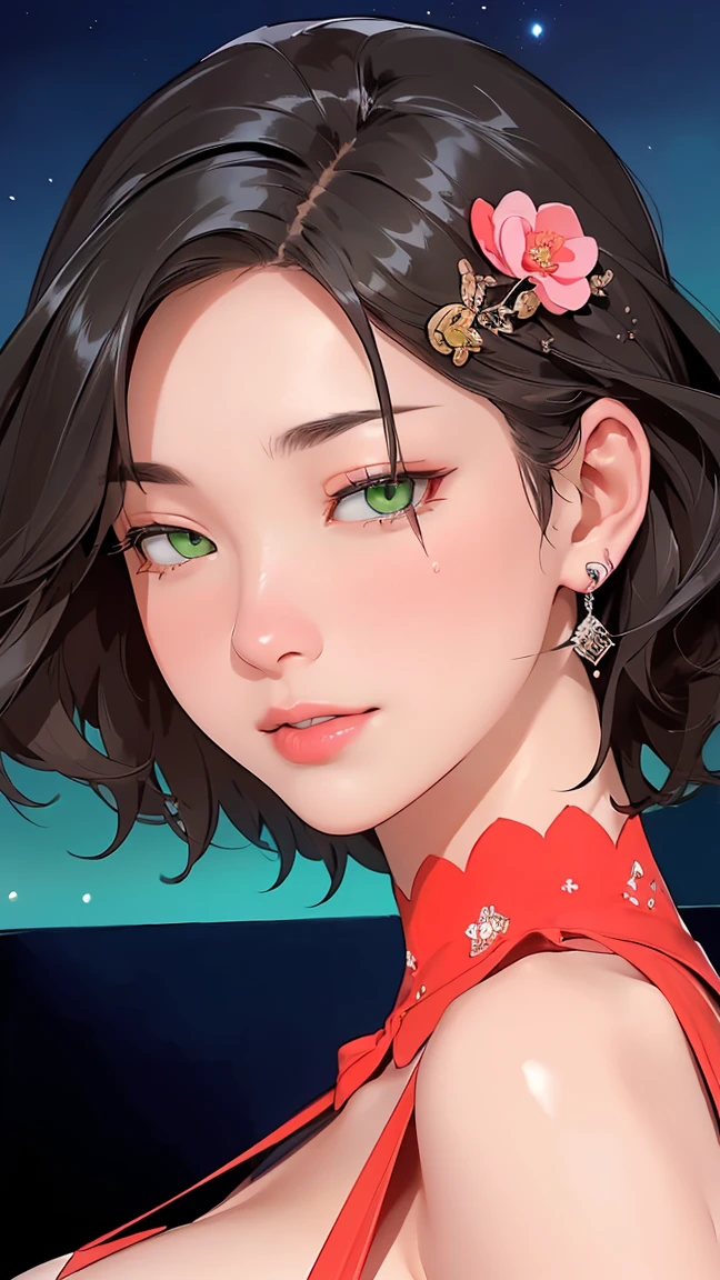 ((((masterpiece, Highest quality, High resolution)))), Extremely detailed 8K, Beautiful girl with a voluptuous body, (Ultra HD, Very detailed, Very detailed, Very realistic, Ultra-realistic, Photo Real), (One girl:1.5), (Realistic black hair), (Short Wavy Hair, hair ornaments, Earrings), (Dynamic pose), To the camera, View your viewers, (Blushing, Embarrassing, Exhausted, smile), (Green Eyes, Sharp eyes), (Huge perky breasts:1.2), (Beautifully detailed face, Beautiful attention to detail), ((キラキラShine黒のシルクスリットドレス)), (detailed pussy), (stand up), Sweat, Shine, (Night Light), ((Cowboy Shot)), Jazz Bar, Fascinating