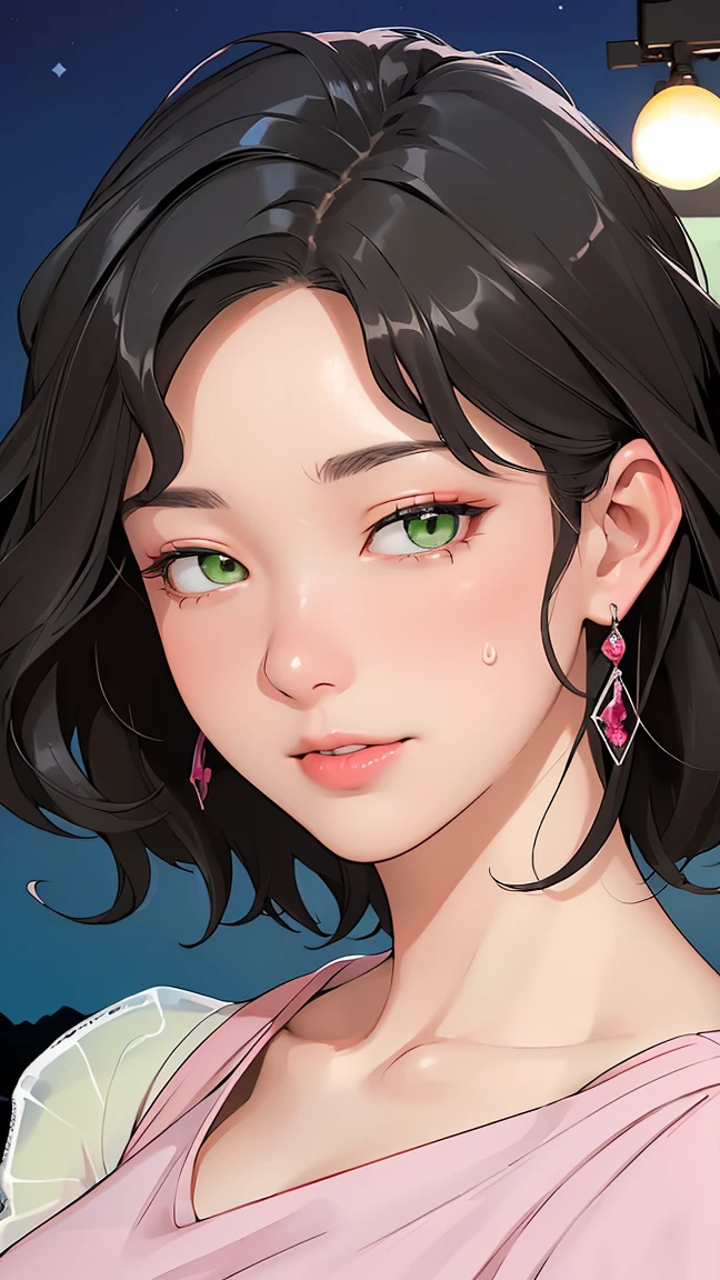 ((((masterpiece, Highest quality, High resolution)))), Extremely detailed 8K, Beautiful girl with a voluptuous body, (Ultra HD, Very detailed, Very detailed, Very realistic, Ultra-realistic, Photo Real), (One girl:1.5), (Realistic black hair), (Short Wavy Hair, hair ornaments, Earrings), (Dynamic pose), To the camera, View your viewers, (Blushing, Embarrassing, Exhausted, smile), (Green Eyes, Sharp eyes), (Huge perky breasts:1.2), (Beautifully detailed face, Beautiful attention to detail), ((キラキラShine黒のシルクスリットドレス)), (detailed pussy), (stand up), Sweat, Shine, (Night Light), ((Cowboy Shot)), Jazz Bar, Fascinating